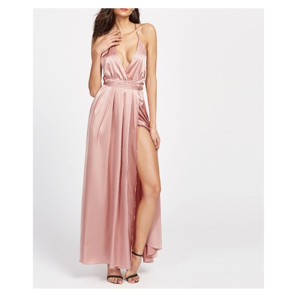 Pink Satin Plunge Backless Slit Maxi Dress - Picture 2 of 4